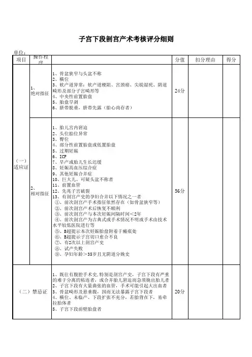 子宫下段剖宫产术考核评分细则
