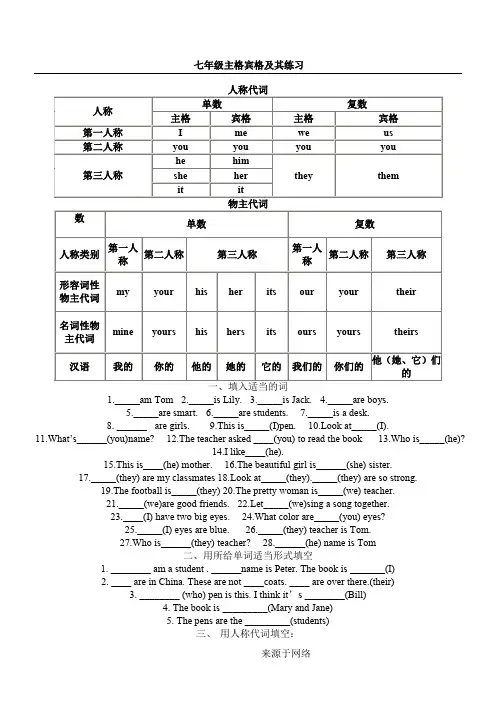 七年级英语主格宾格_形容词性物主代词及名词性物主代词练习题