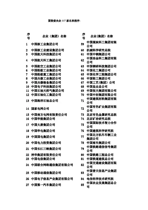 最新国资委央企117家名单排序【范本模板】