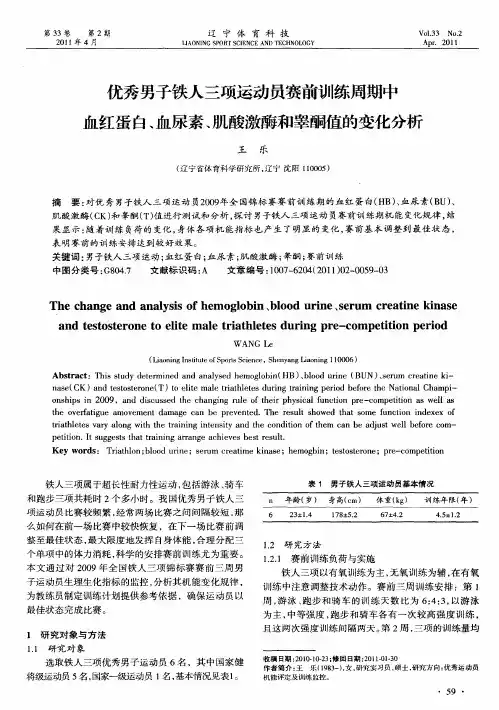 优秀男子铁人三项运动员赛前训练周期中血红蛋白、血尿素、肌酸激酶和睾酮值的变化分析