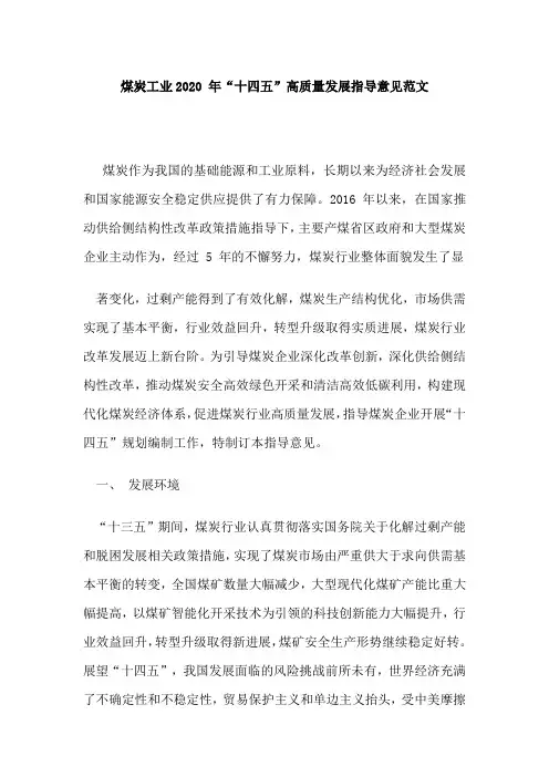 煤炭工业2020 年“十四五”高质量发展指导意见范文
