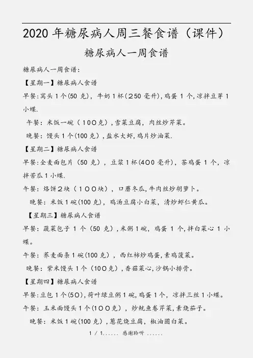 2020年糖尿病人周三餐食谱(课件)