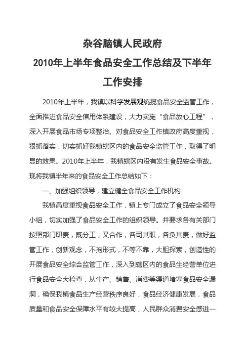 2010年上半年食品安全工作总结及下半年计划