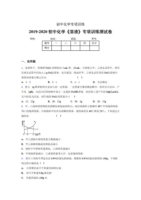2019-2020学年初中化学《溶液》专项训练模拟测试(含答案) (62)