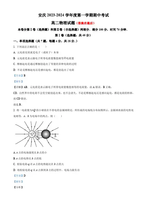 安徽省安庆市2023-2024学年高二上学期期中物理试卷含解析