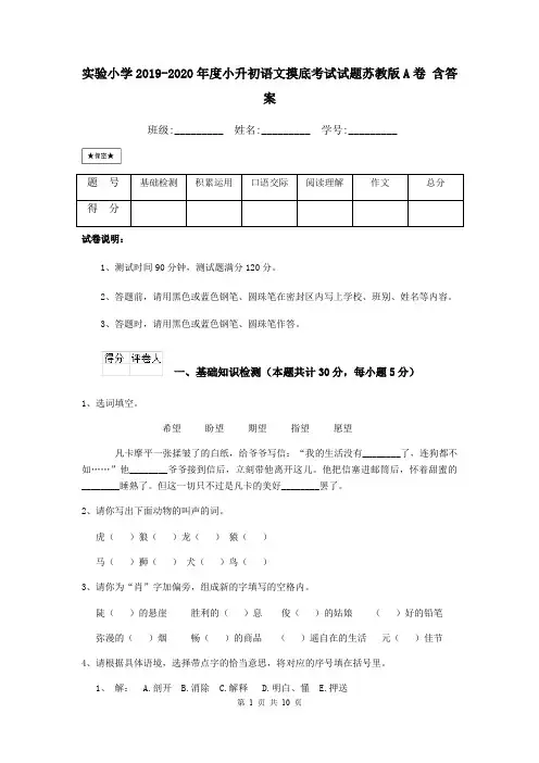 实验小学2019-2020年度小升初语文摸底考试试题苏教版A卷 含答案
