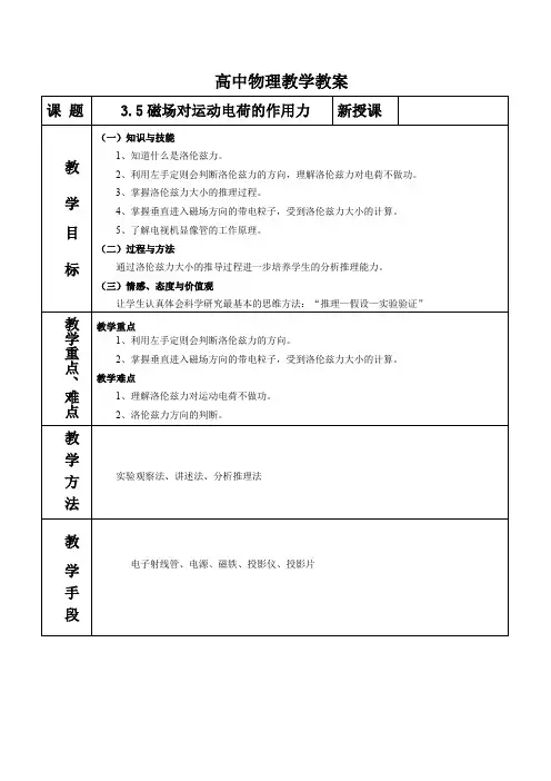 《磁场对运动电荷的作用力》示范教案