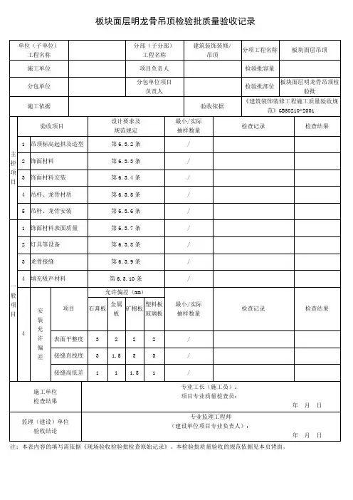 板块面层明龙骨吊顶检验批质量验收记录