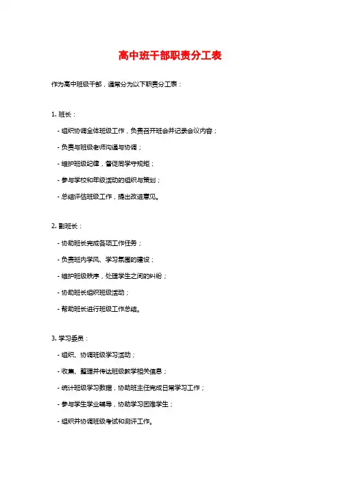高中班干部职责分工表