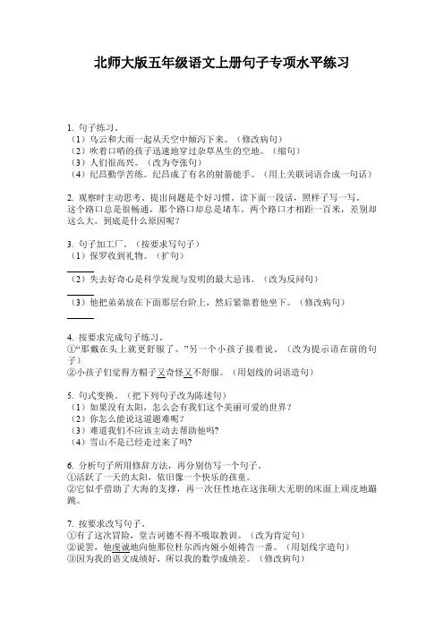 北师大版五年级语文上册句子专项水平练习