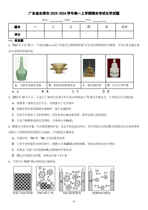 广东省东莞市2023-2024学年高一上学期期末考试化学试题(含答案)