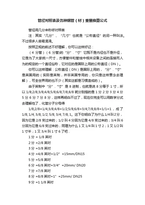 管径对照表及各种钢管（材）重量换算公式