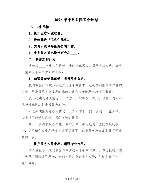 2024年中医医院工作计划（五篇）