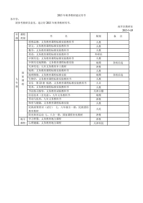 2015年秋季教材建议用书