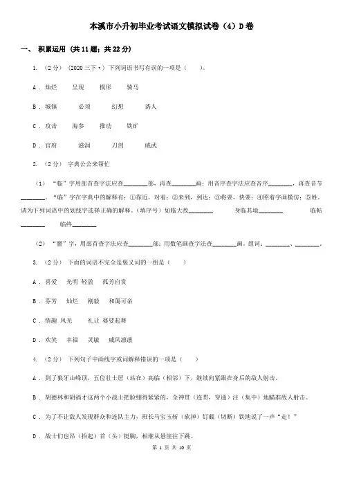 本溪市小升初毕业考试语文模拟试卷(4)D卷