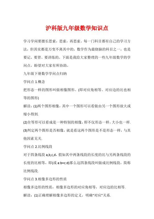 沪科版九年级数学知识点