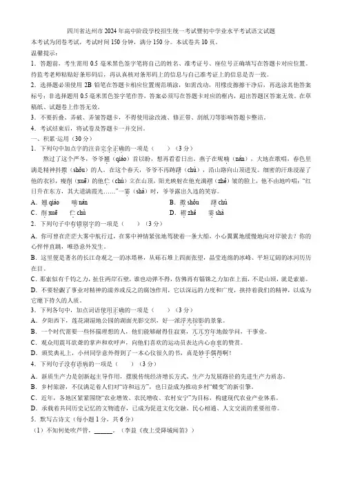 四川省达州市2024年高中阶段学校招生统一考试暨初中学业水平考试语文试题(含解析)