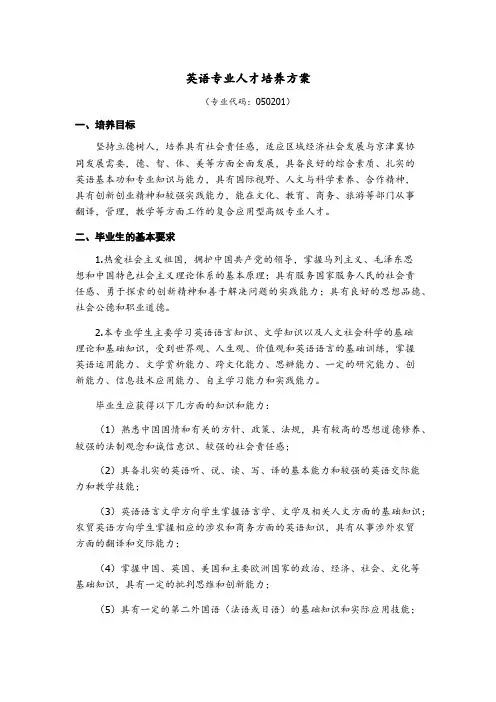 英语专业人才培养方案