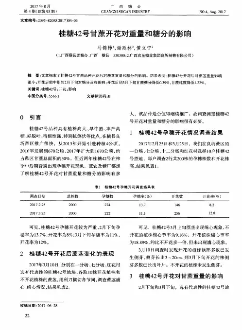 桂糖42号甘蔗开花对重量和糖分的影响