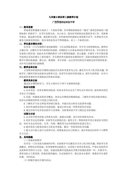 人教版九年级化学上册教学计划