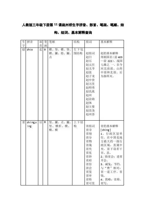 人教版三年级下册第11课赵州桥生字拼音、部首、笔画、笔顺、结构、组词、基本解释查询