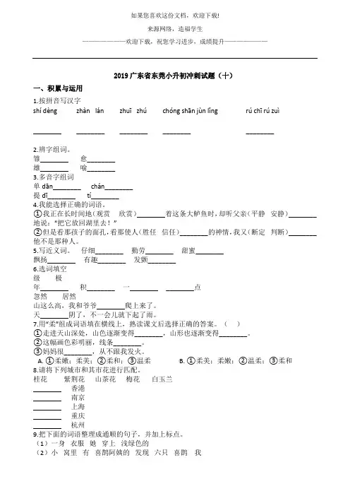 六年级下册语文试题 - 2019广东省东莞小升初冲刺试题(十) 人教新课标 含答案