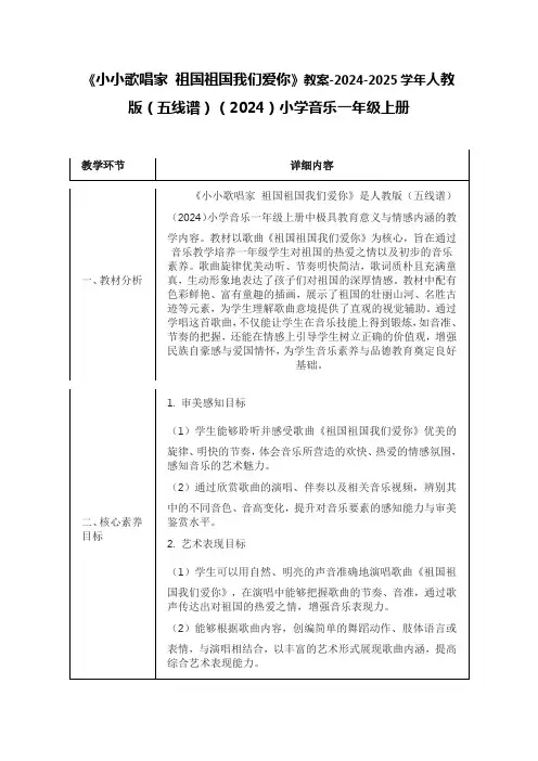 《小小歌唱家 祖国祖国我们爱你》教案-2024-2025学年人教版(五线谱)(2024)音乐一年上册