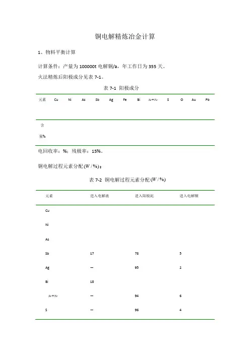 铜电解精炼冶金计算