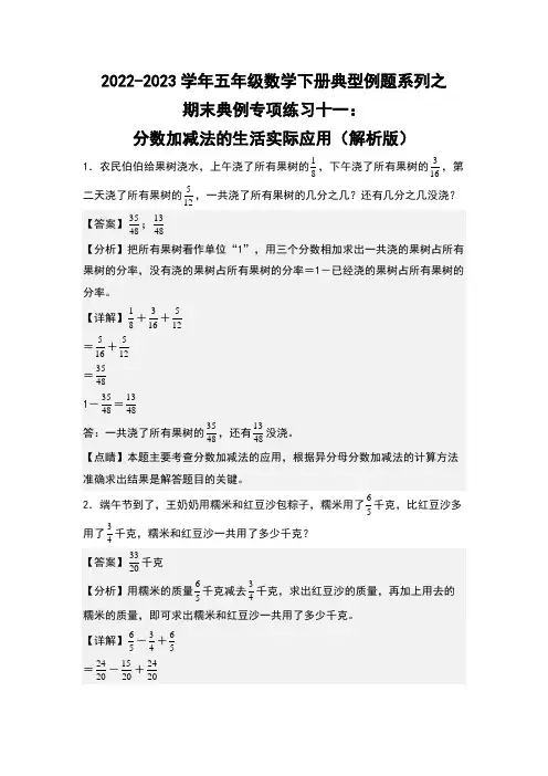 期末典例专项练习十一分数加减法的生活实际应用-五年级数学(解析版)人教版