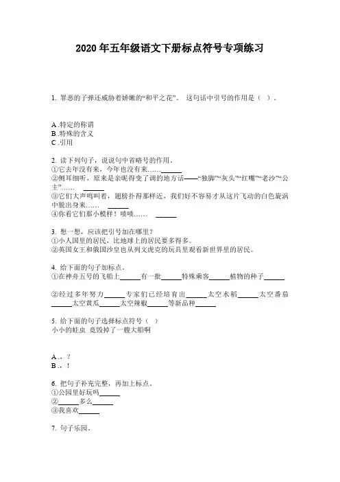 2020年五年级语文下册标点符号专项练习