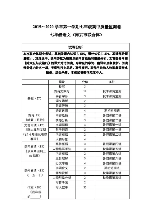 2020南京市联合体部编版七年级(初一)语文上册期中试卷附答案