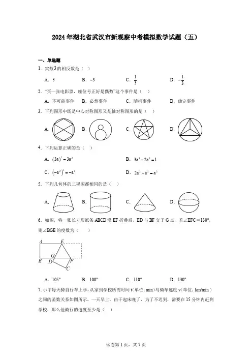 2024年湖北省武汉市新观察中考模拟数学试题(五)