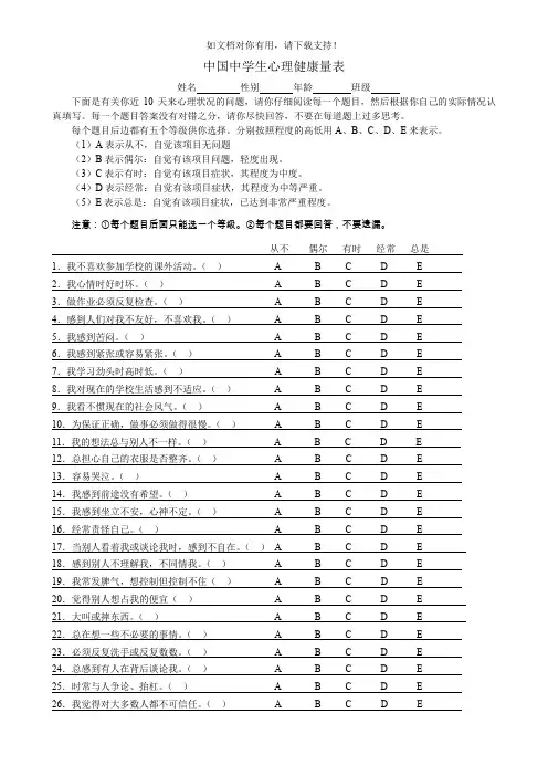 中学生心理健康量表
