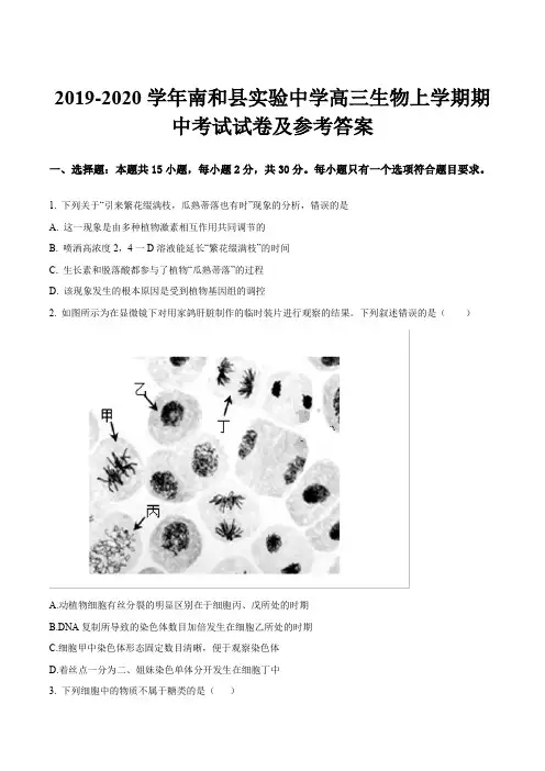 2019-2020学年南和县实验中学高三生物上学期期中考试试卷及参考答案