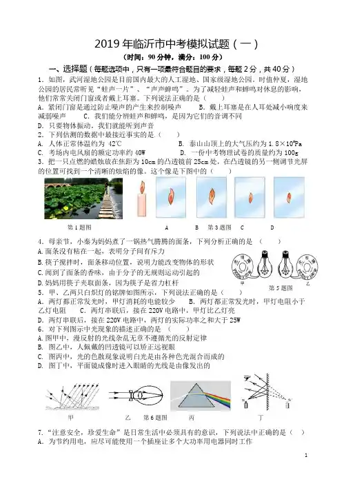 临沂市2019年物理中考模拟试题(一)