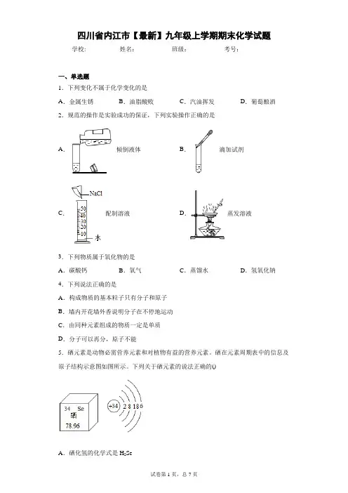 四川省内江市2020-2021学年九年级上学期期末化学试题 答案和解析