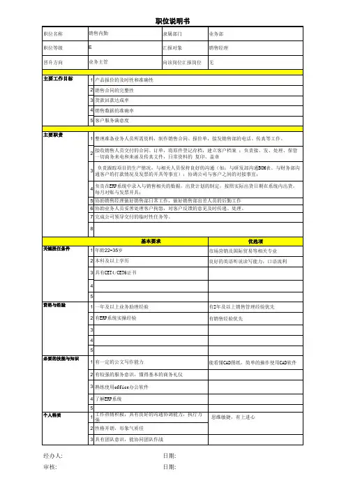销售内勤JD职位说明书