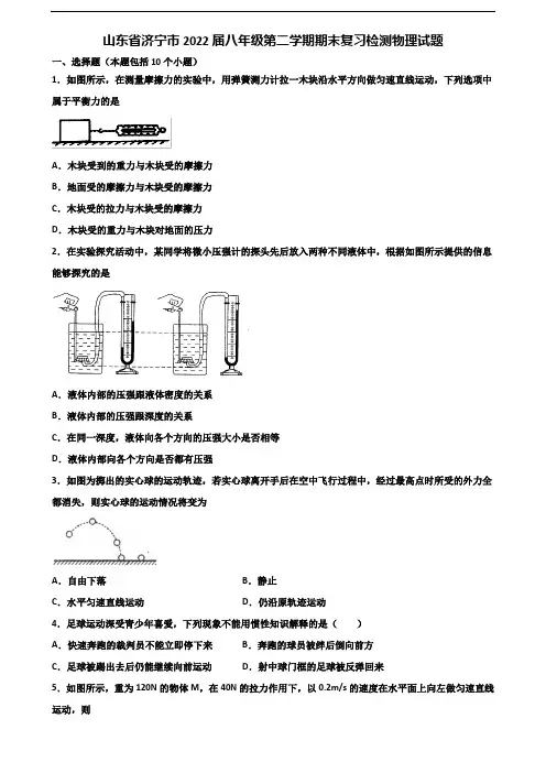 山东省济宁市2022届八年级第二学期期末复习检测物理试题含解析