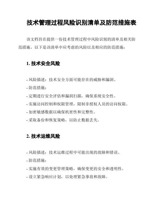 技术管理过程风险识别清单及防范措施表