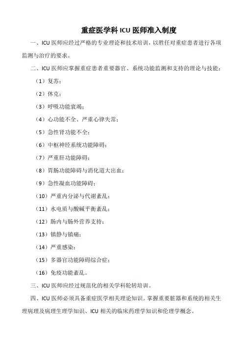 医院重症医学科ICU医师准入制度(标准版)
