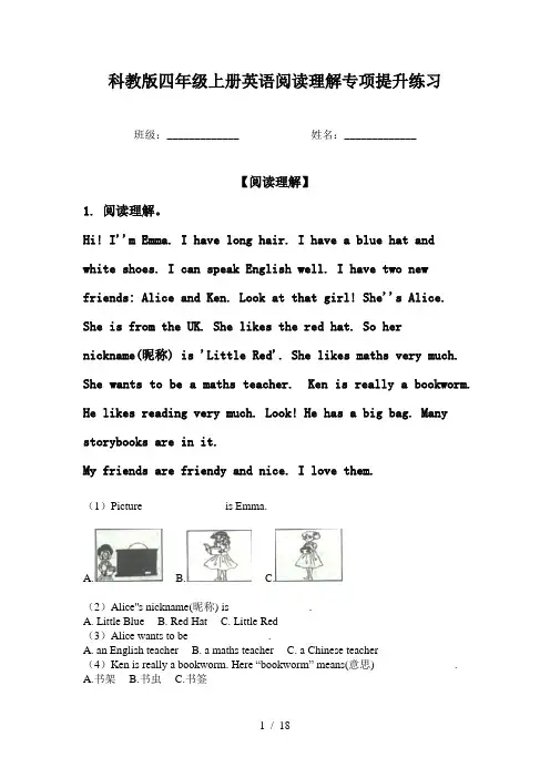 科教版四年级上册英语阅读理解专项提升练习