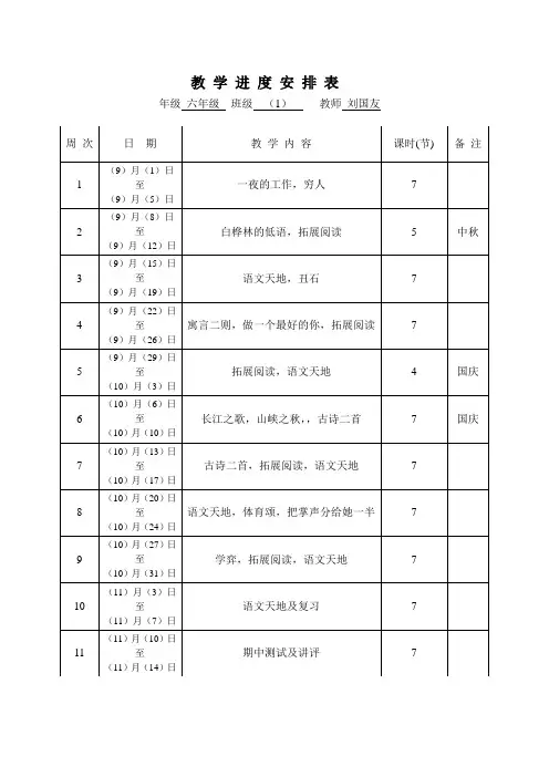 北师大版六年级上册语文教学进度表