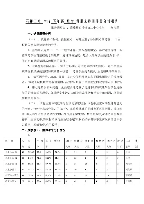五年级下册数学期末考试试卷分析