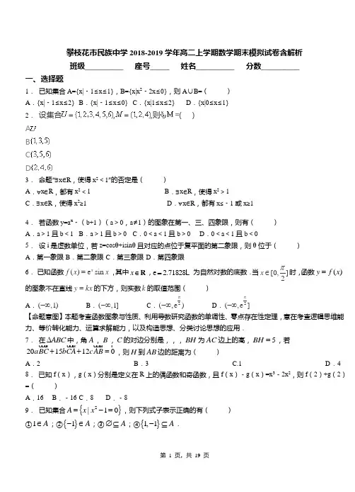 攀枝花市民族中学2018-2019学年高二上学期数学期末模拟试卷含解析