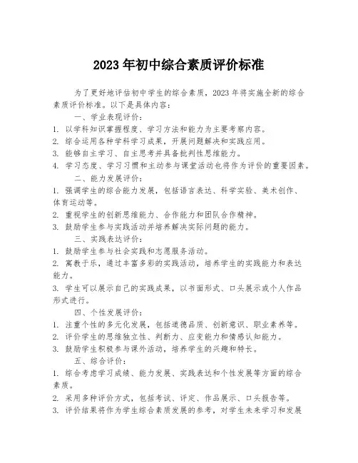2023年初中综合素质评价标准