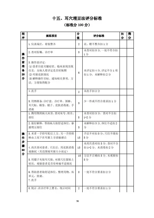 耳穴埋豆法操作评分标准