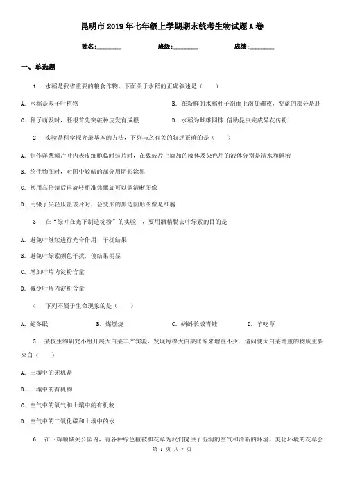 昆明市2019年七年级上学期期末统考生物试题A卷