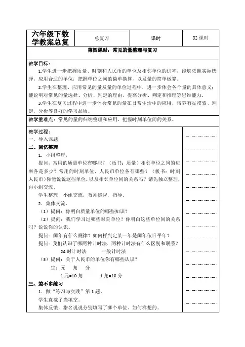 六年级下数学教案总复习常见的量_苏教版