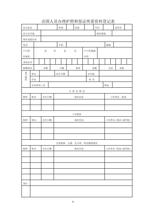 出国人员办理护照和签证所需资料登记表