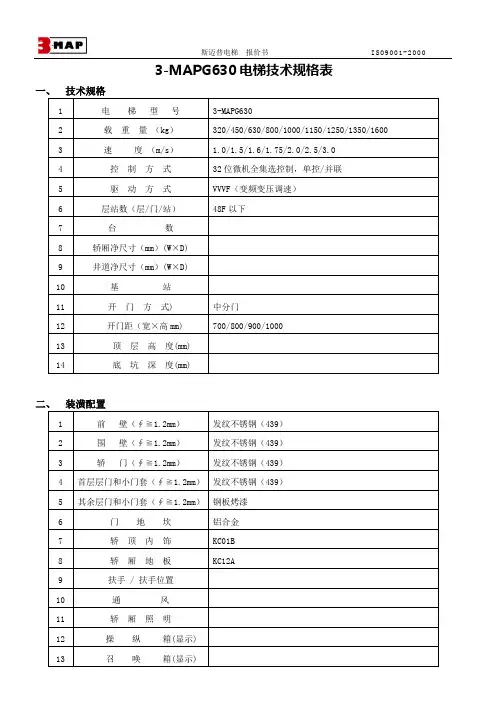 G630系列电梯报价规格表1